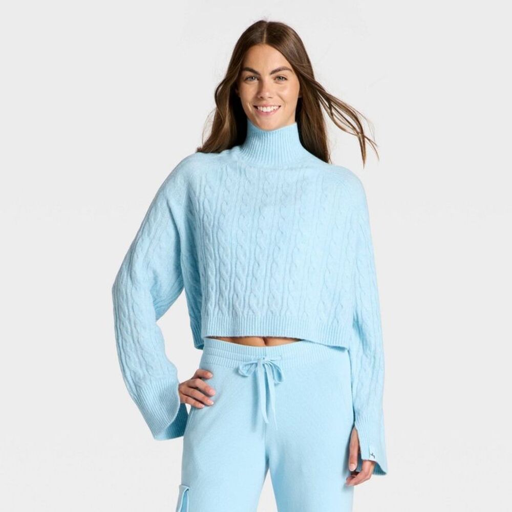 Women's Mock Neck Cable Knit Sweater - JoyLab Light Blue XXS